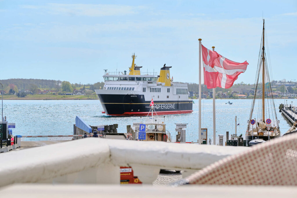 The Ærø ferry sails into Svendborg Harbour
